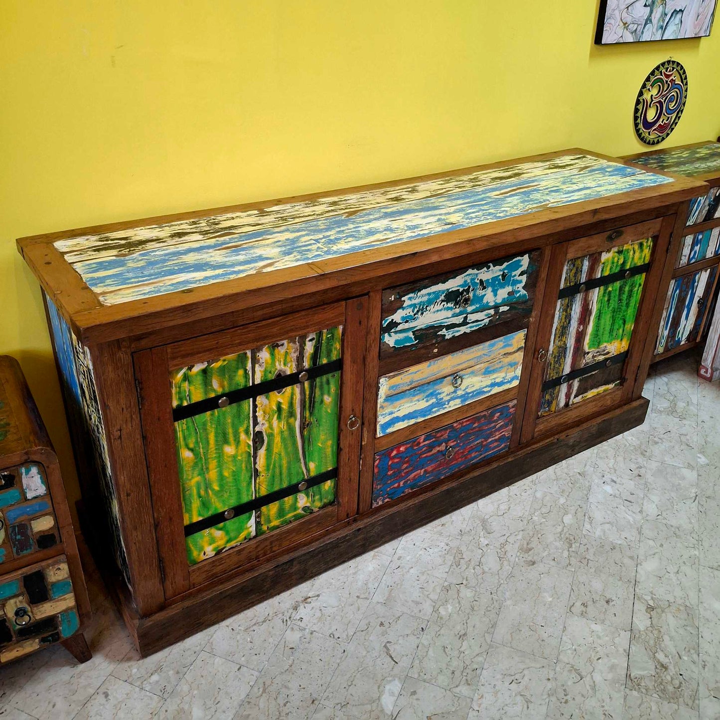 Ethnic sideboard made of recycled teak from Indonesian boats