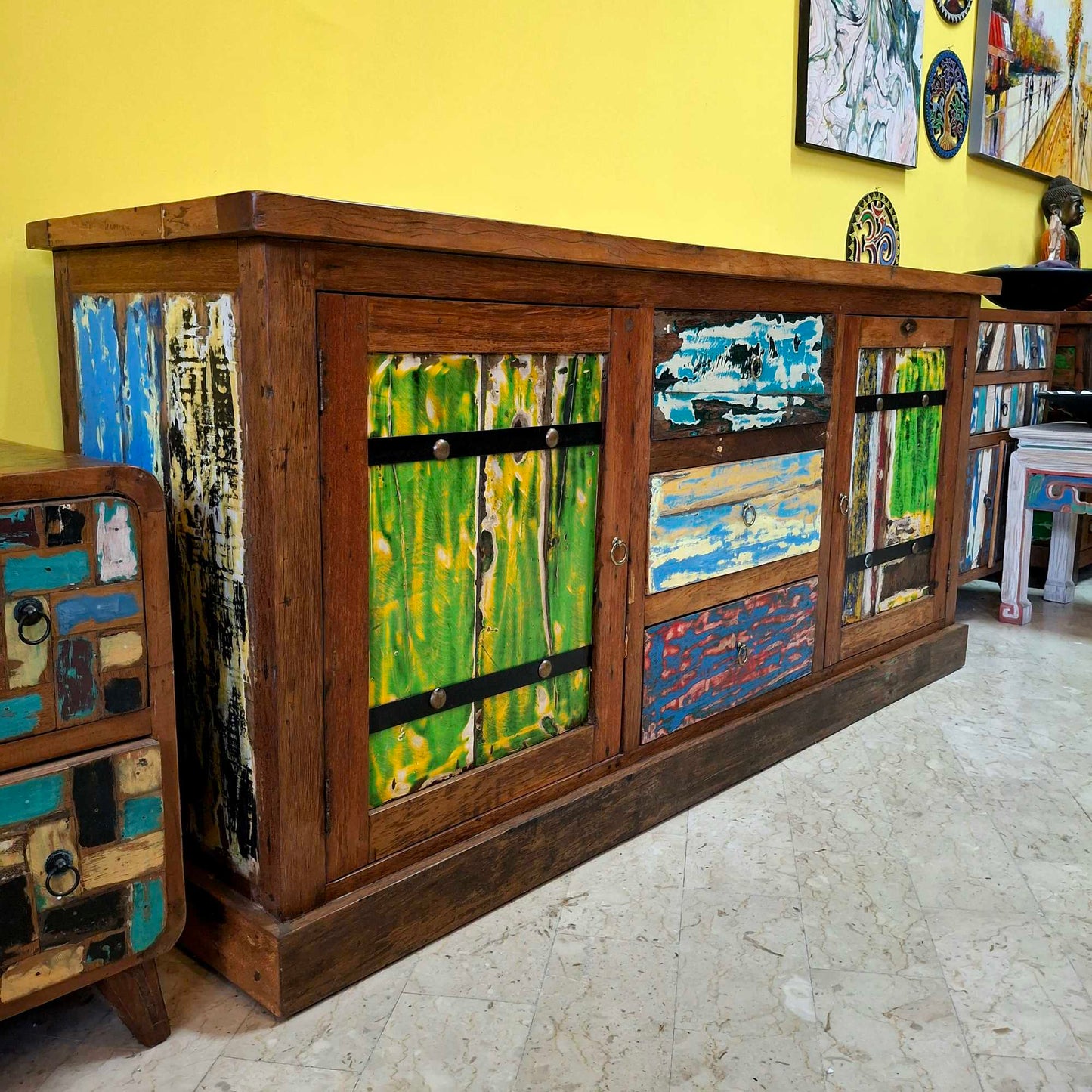 Ethnic sideboard made of recycled teak from Indonesian boats