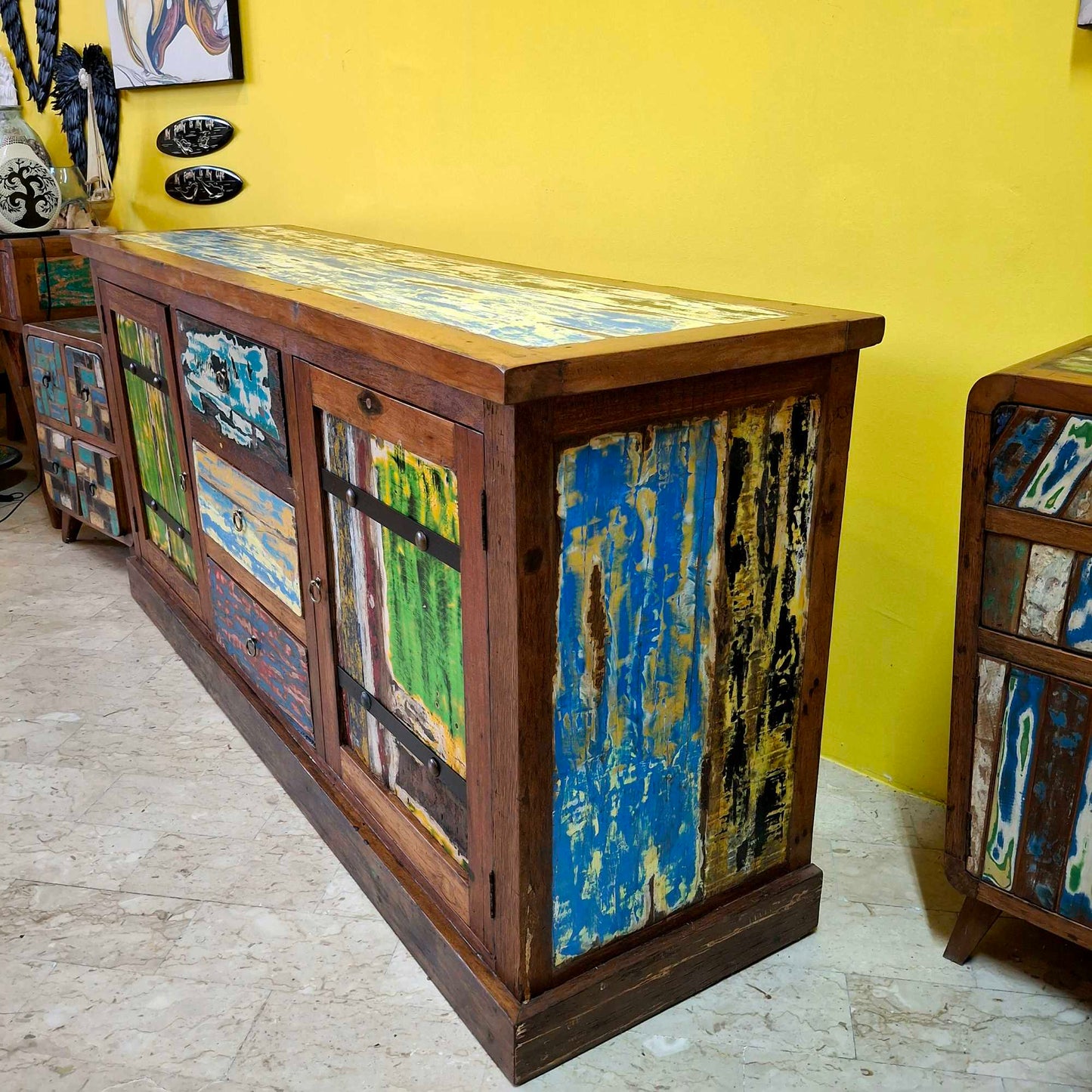 Ethnic sideboard made of recycled teak from Indonesian boats