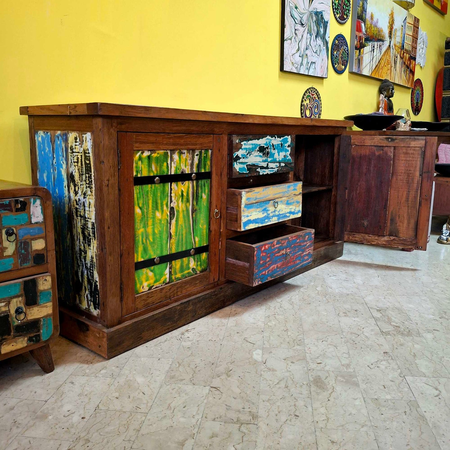 Ethnic sideboard made of recycled teak from Indonesian boats