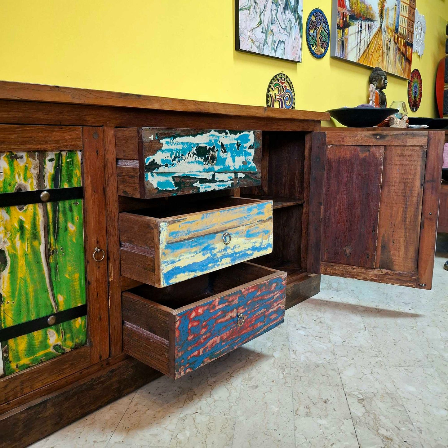 Ethnic sideboard made of recycled teak from Indonesian boats