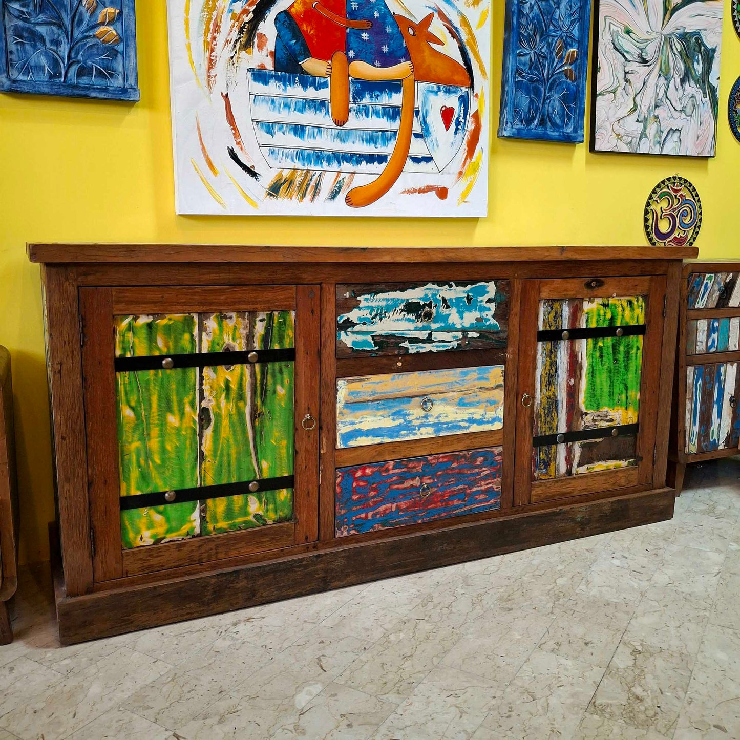 Ethnic sideboard made of recycled teak from Indonesian boats