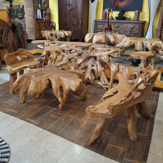 Panchina etnica radice di legno teak poltroncina rustica - ETNICBAY