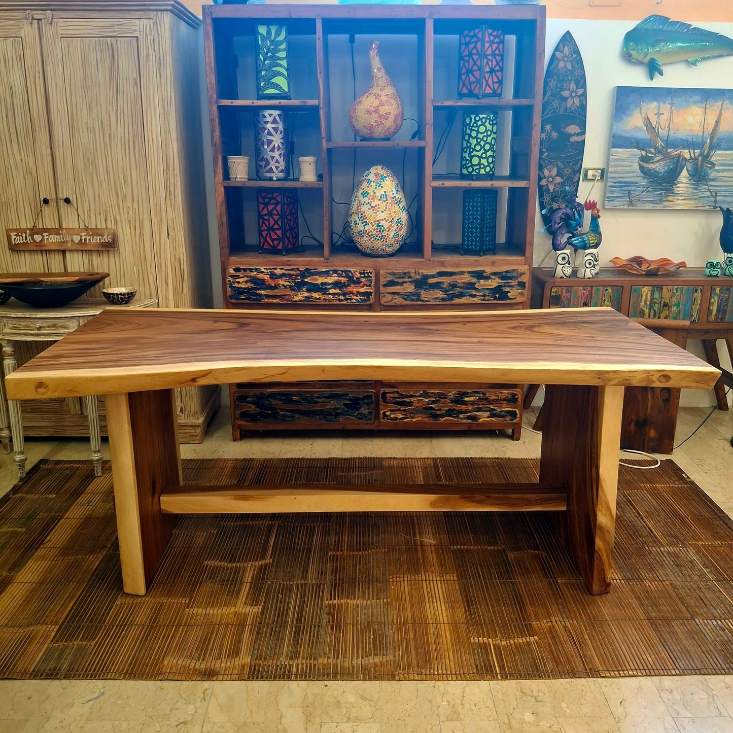 Set tavolo etnico e sedie in fetta intera di legno massello