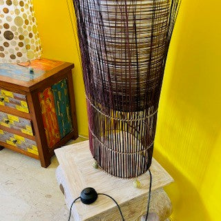 Ethnic floor lamp in white fabric and rush with black and gold finishes