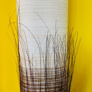 Ethnic floor lamp in white fabric and rush with black and gold finishes