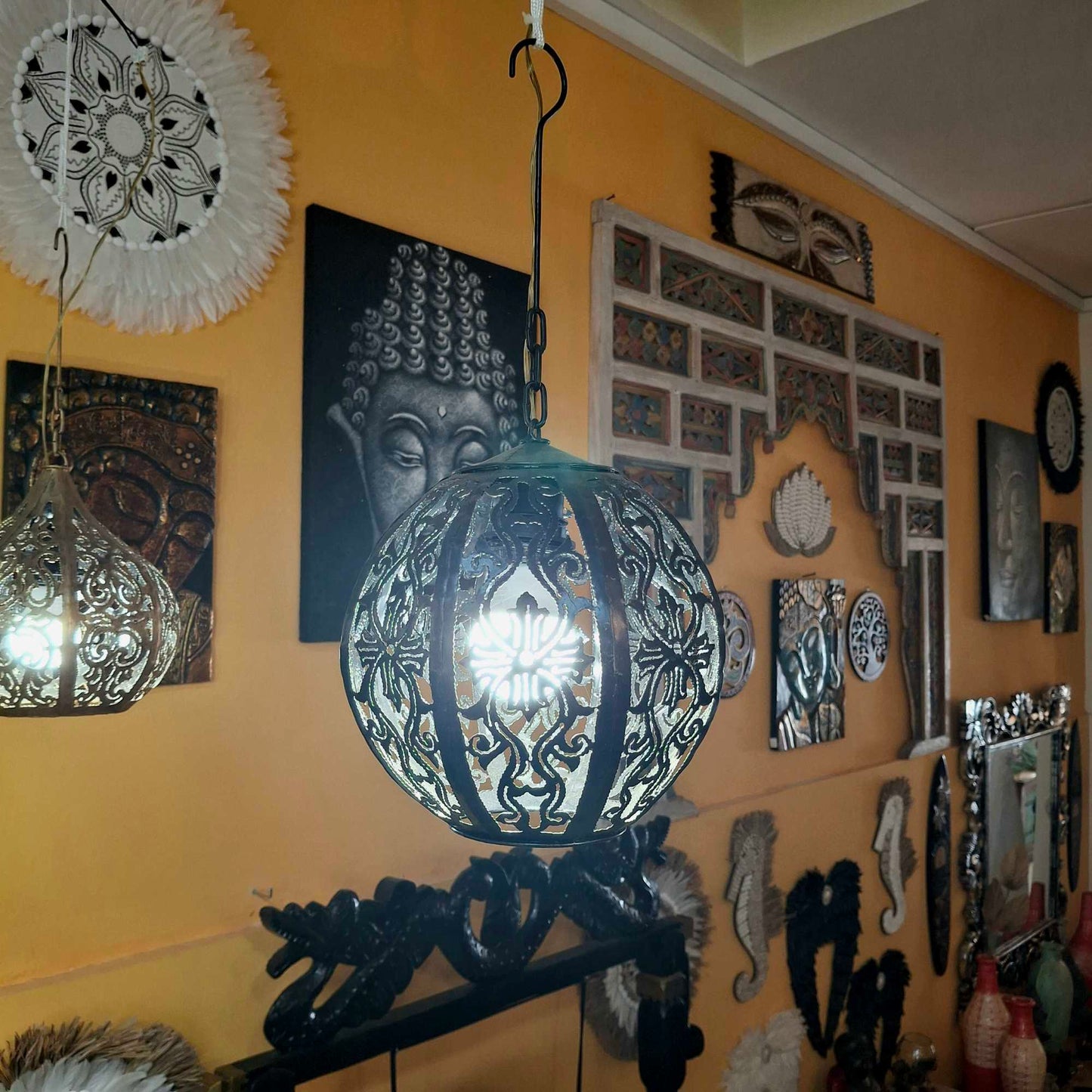 Lampada a sospensione orientale in ferro battuto