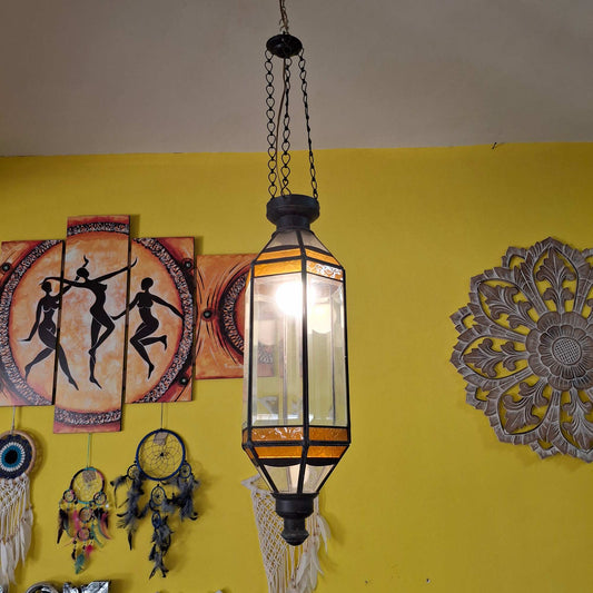 Lampadario Etnico in Ferro e Vetro Lanterna Lume