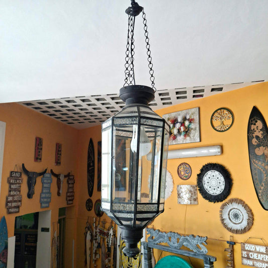 Lampadario etnico in ferro e vetro lanterna vintage
