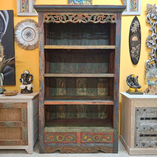 Libreria etnica intagliata mobile espositore con scaffali
