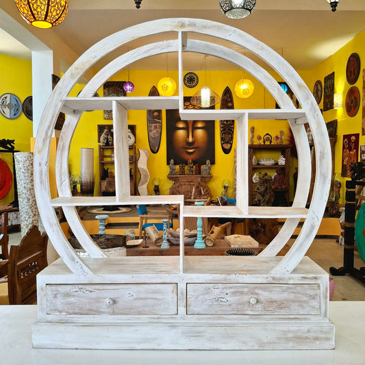 Libreria etnica legno teak rotonda mobile ingresso