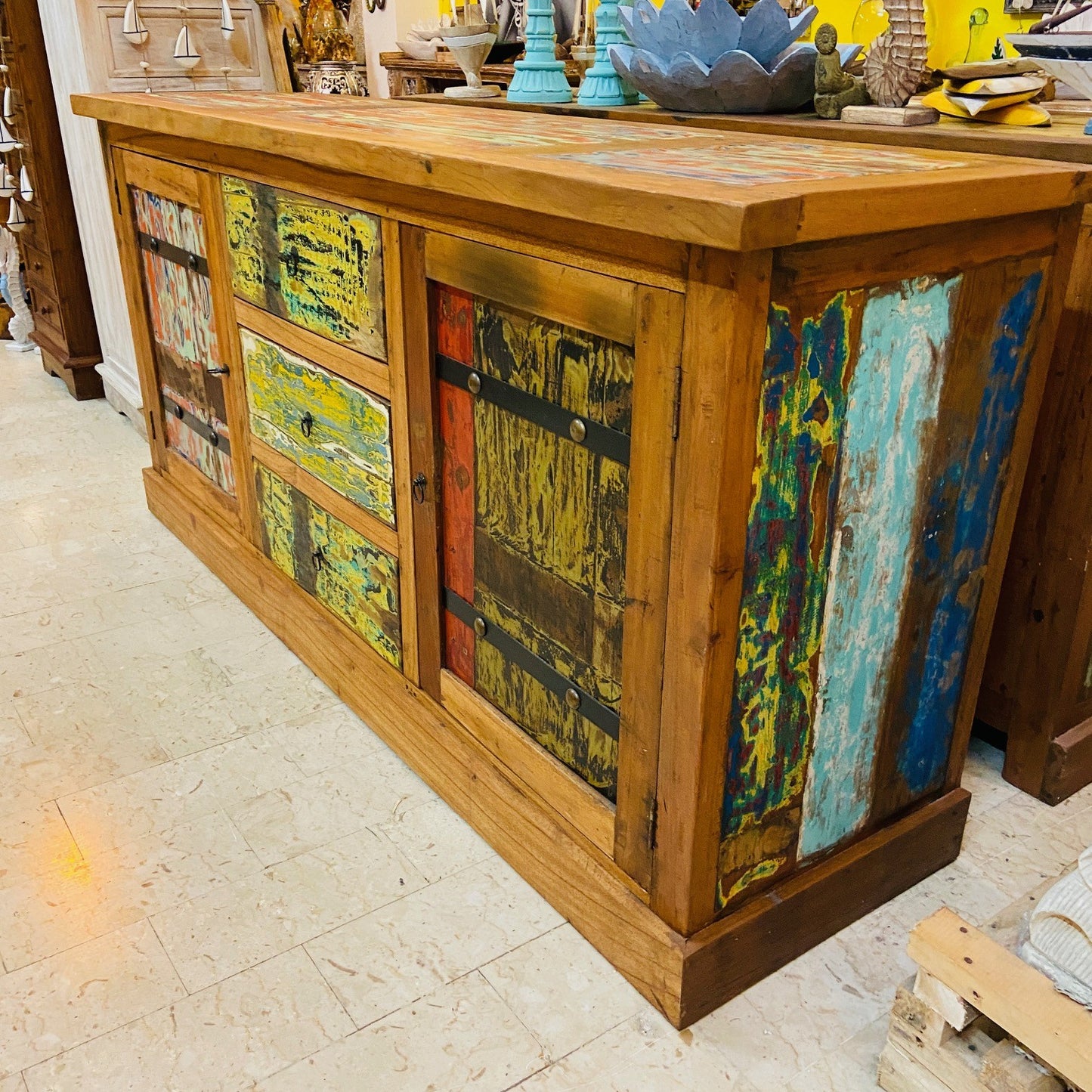 Buffet ethnique en bois de teck, meuble TV, crédence