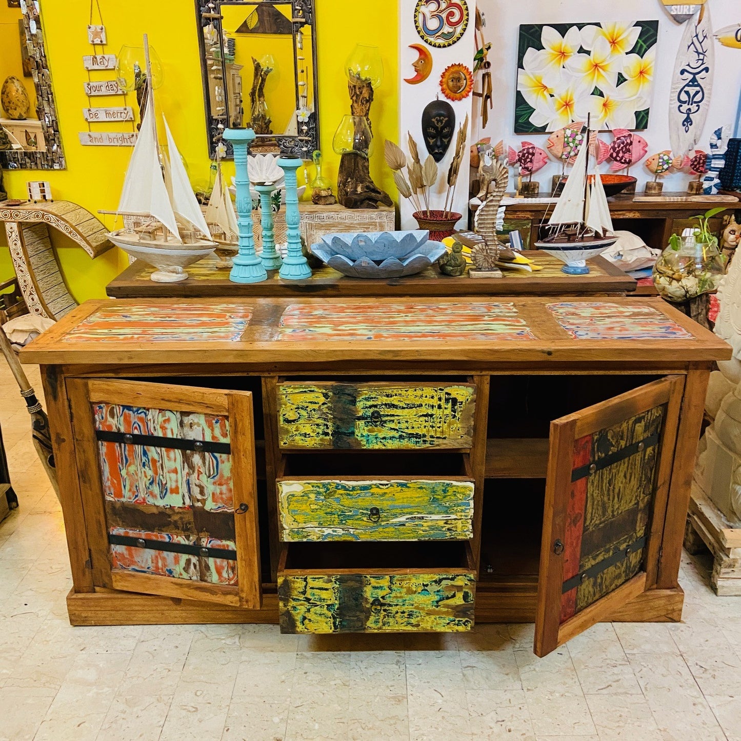 Buffet ethnique en bois de teck, meuble TV, crédence