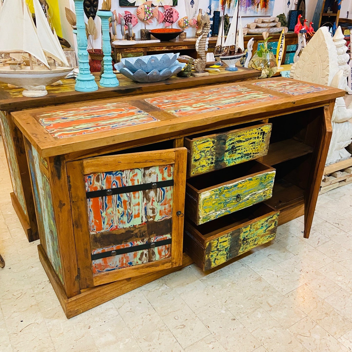 Buffet ethnique en bois de teck, meuble TV, crédence