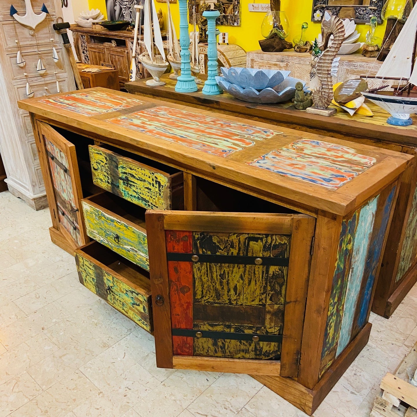 Buffet ethnique en bois de teck, meuble TV, crédence