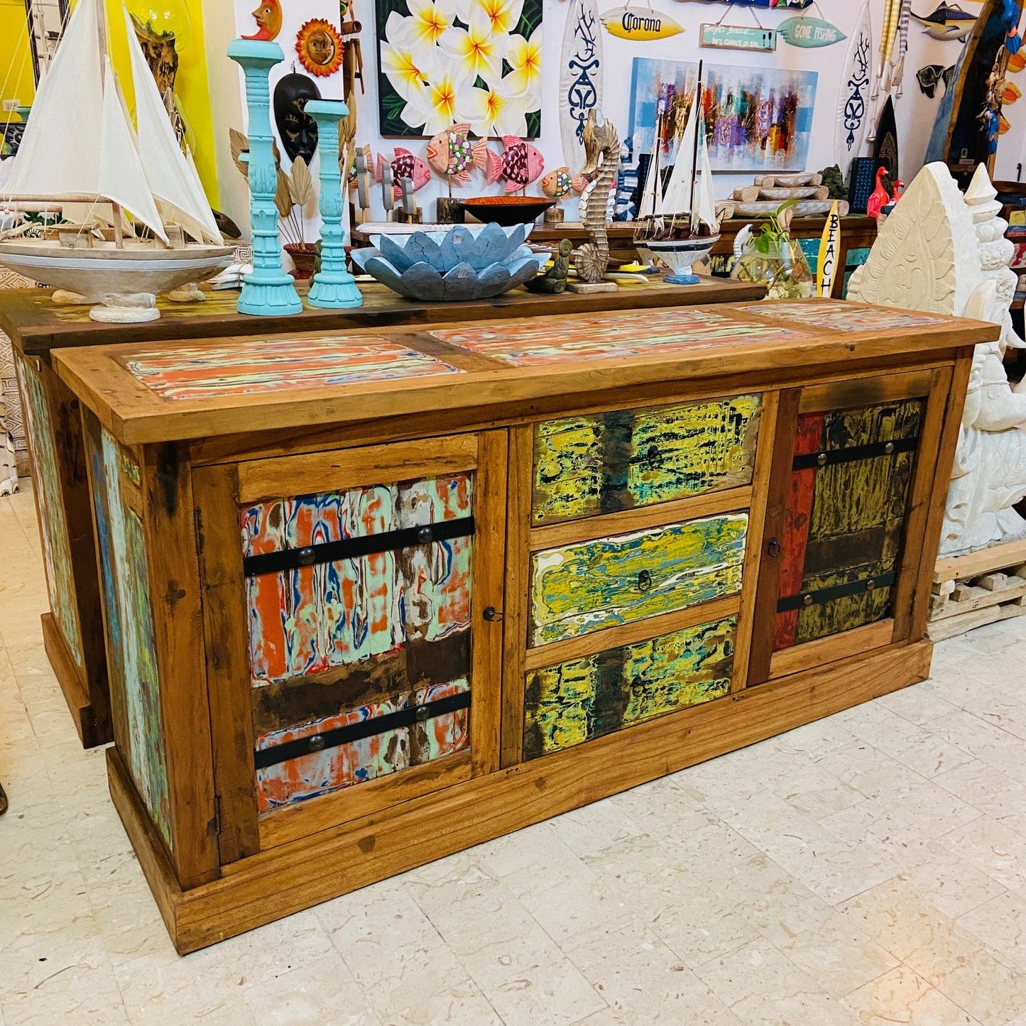 Buffet ethnique en bois de teck, meuble TV, crédence