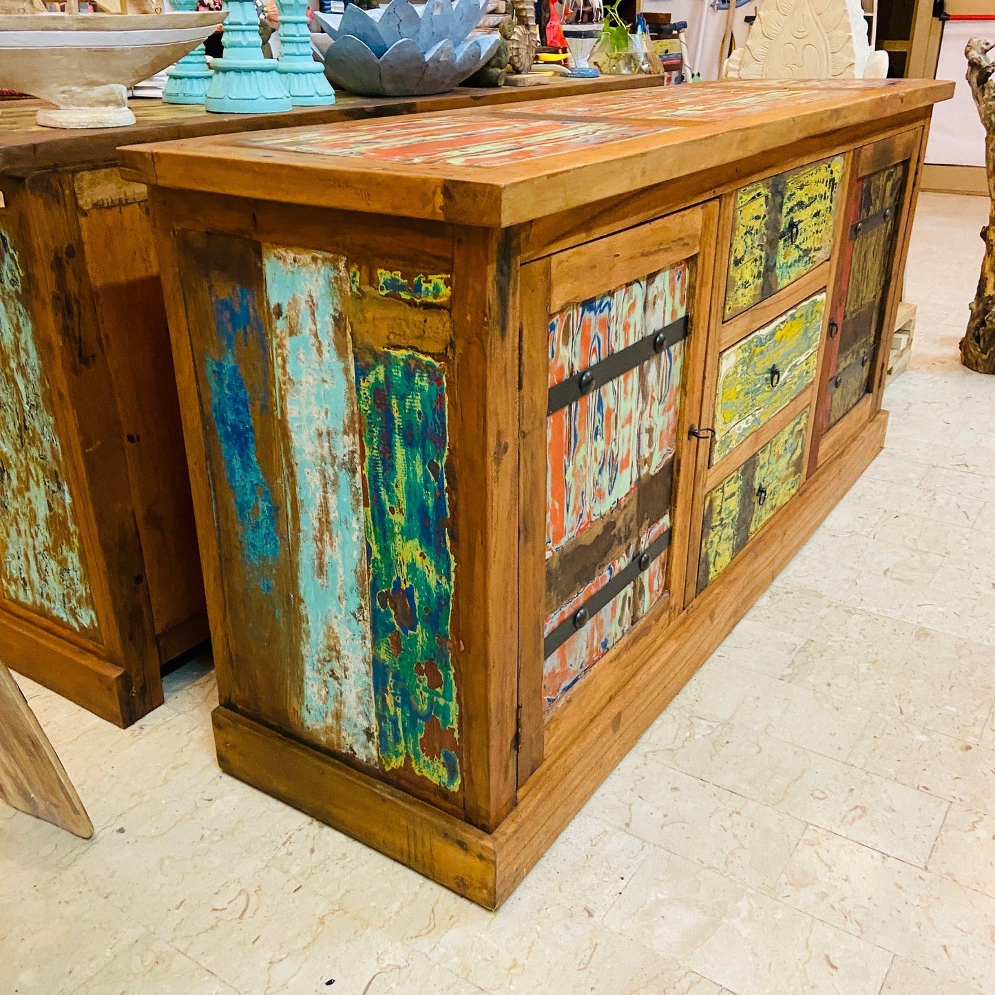 Buffet ethnique en bois de teck, meuble TV, crédence