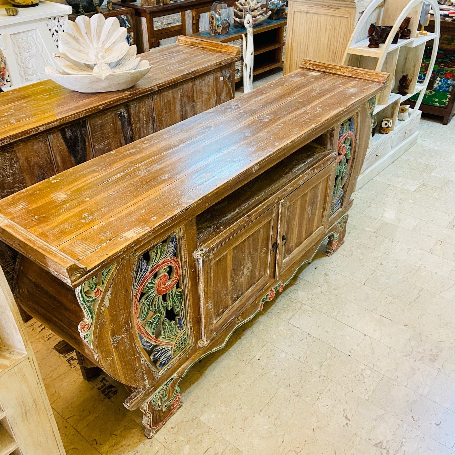 Meuble TV ethnique Buffet Teck Shabby Vintage