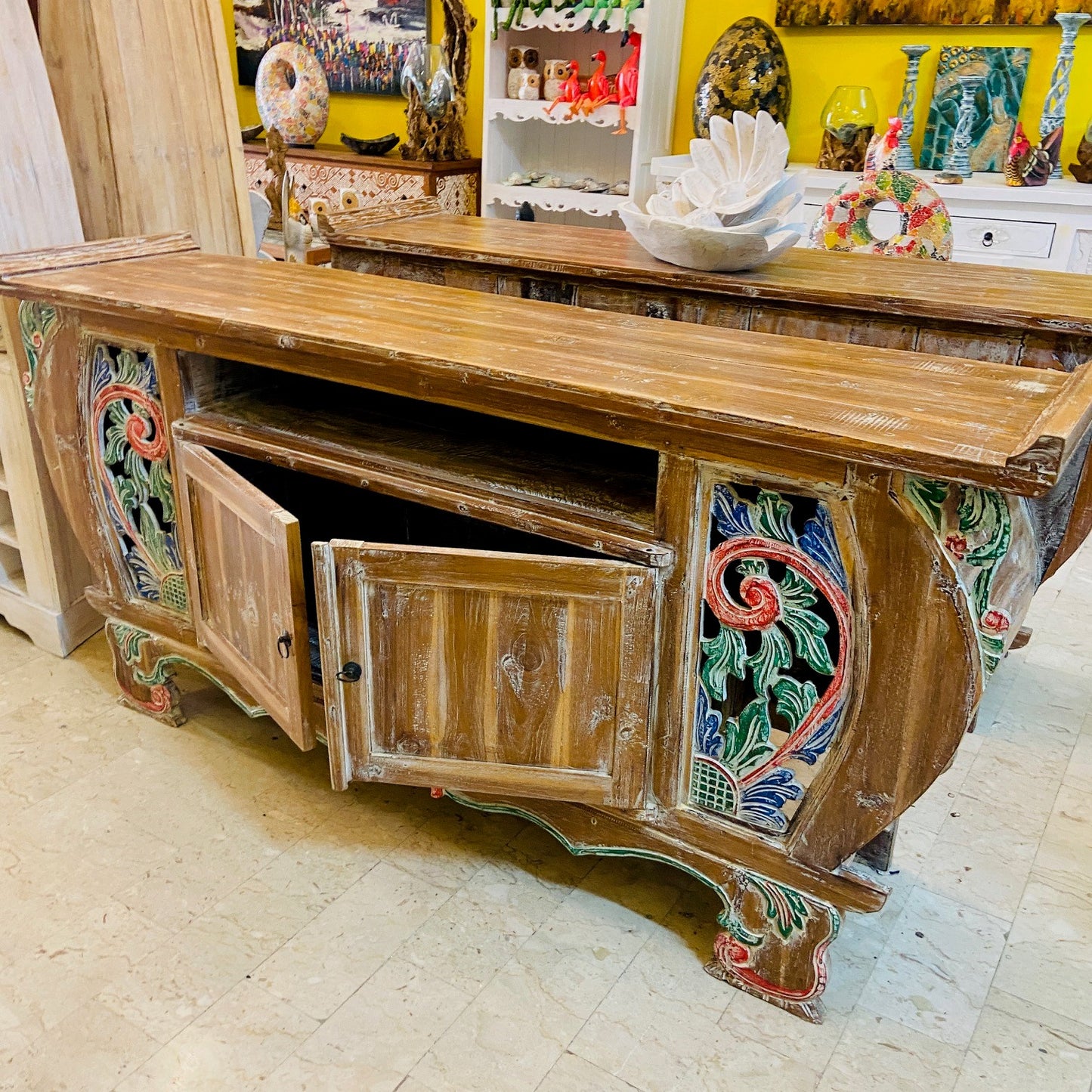 Meuble TV ethnique Buffet Teck Shabby Vintage