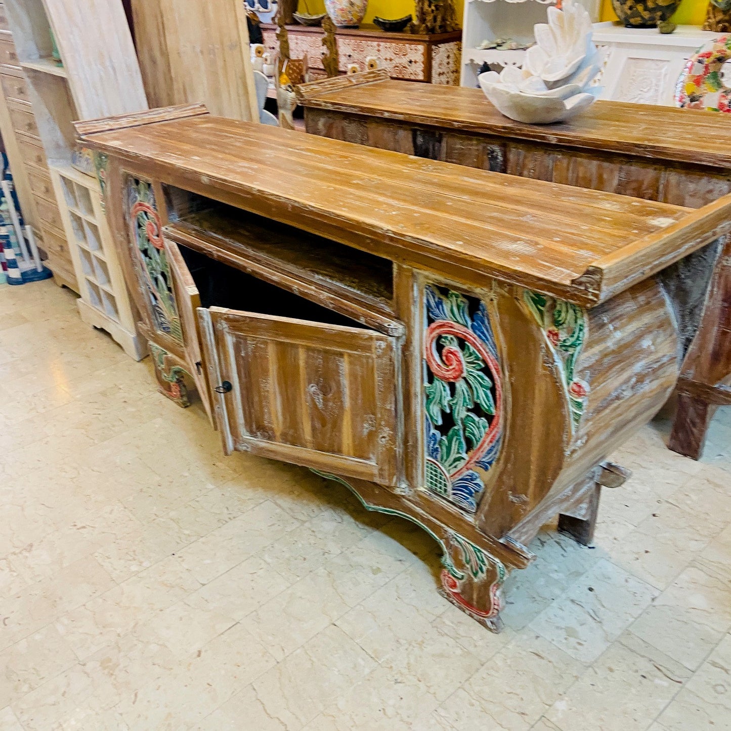 Meuble TV ethnique Buffet Teck Shabby Vintage