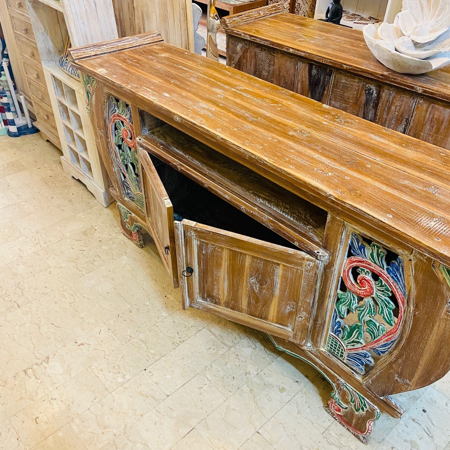 Meuble TV ethnique Buffet Teck Shabby Vintage