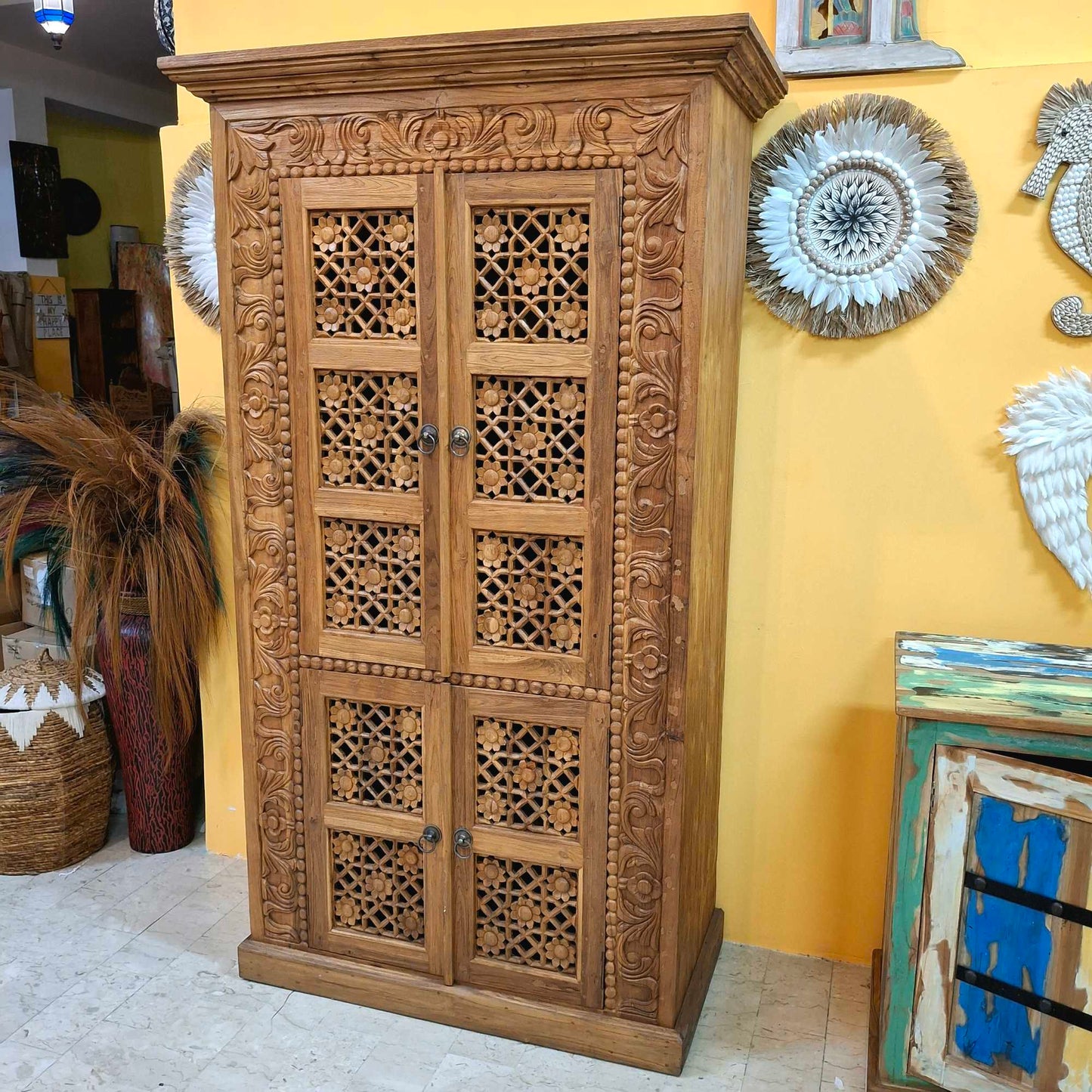 Mobile Credenza etnica in legno teak floreale