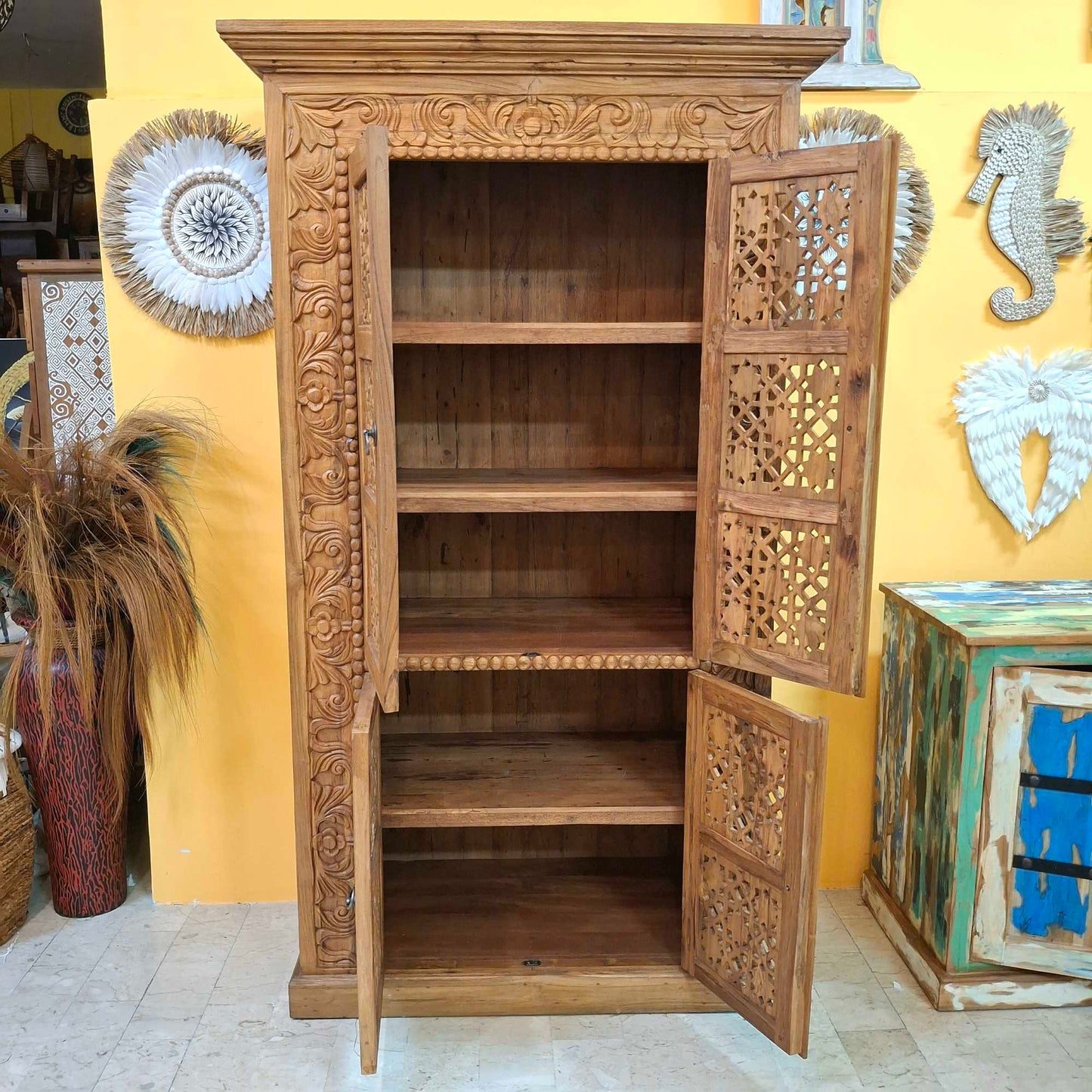 Mobile Credenza etnica in legno teak floreale