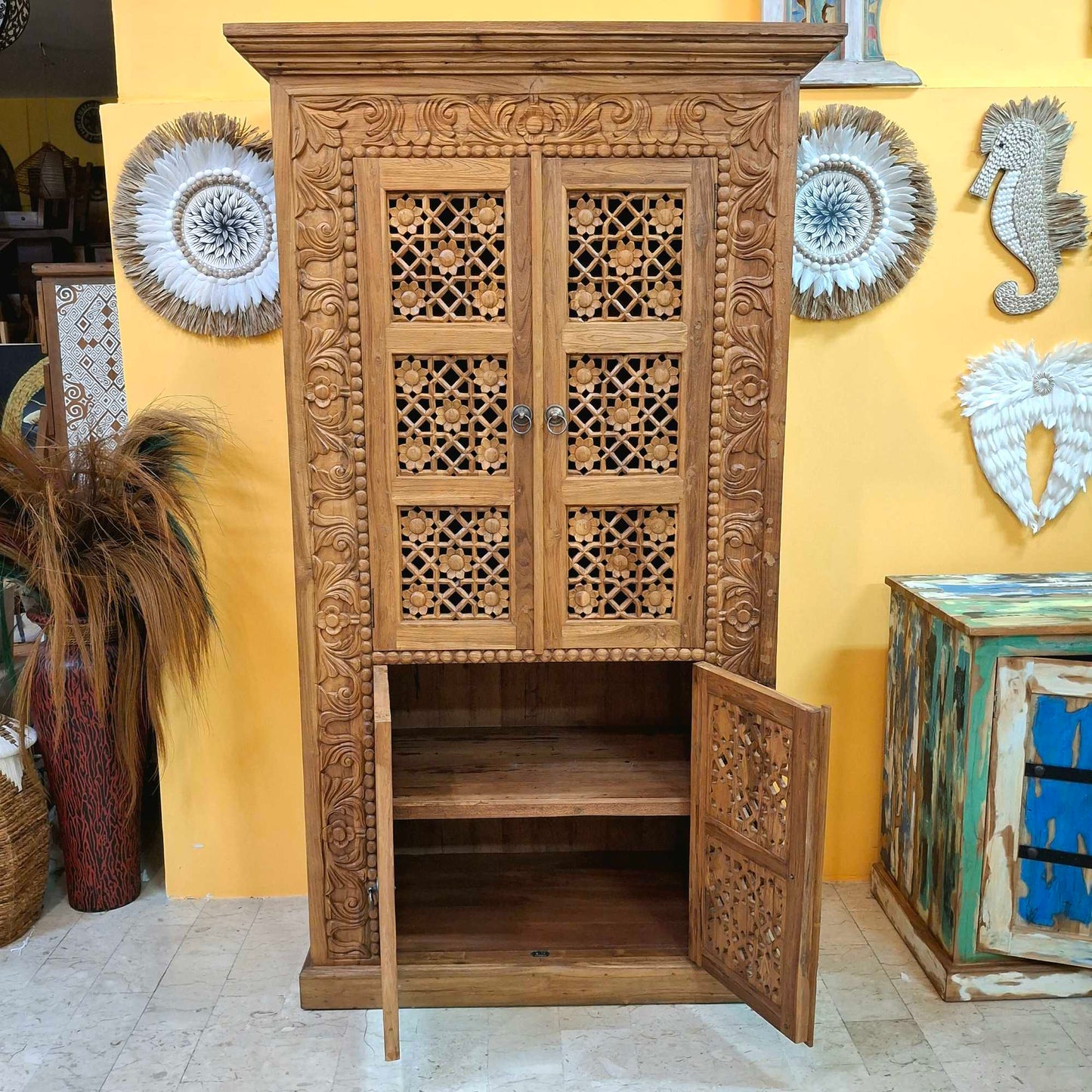 Mobile Credenza etnica in legno teak floreale