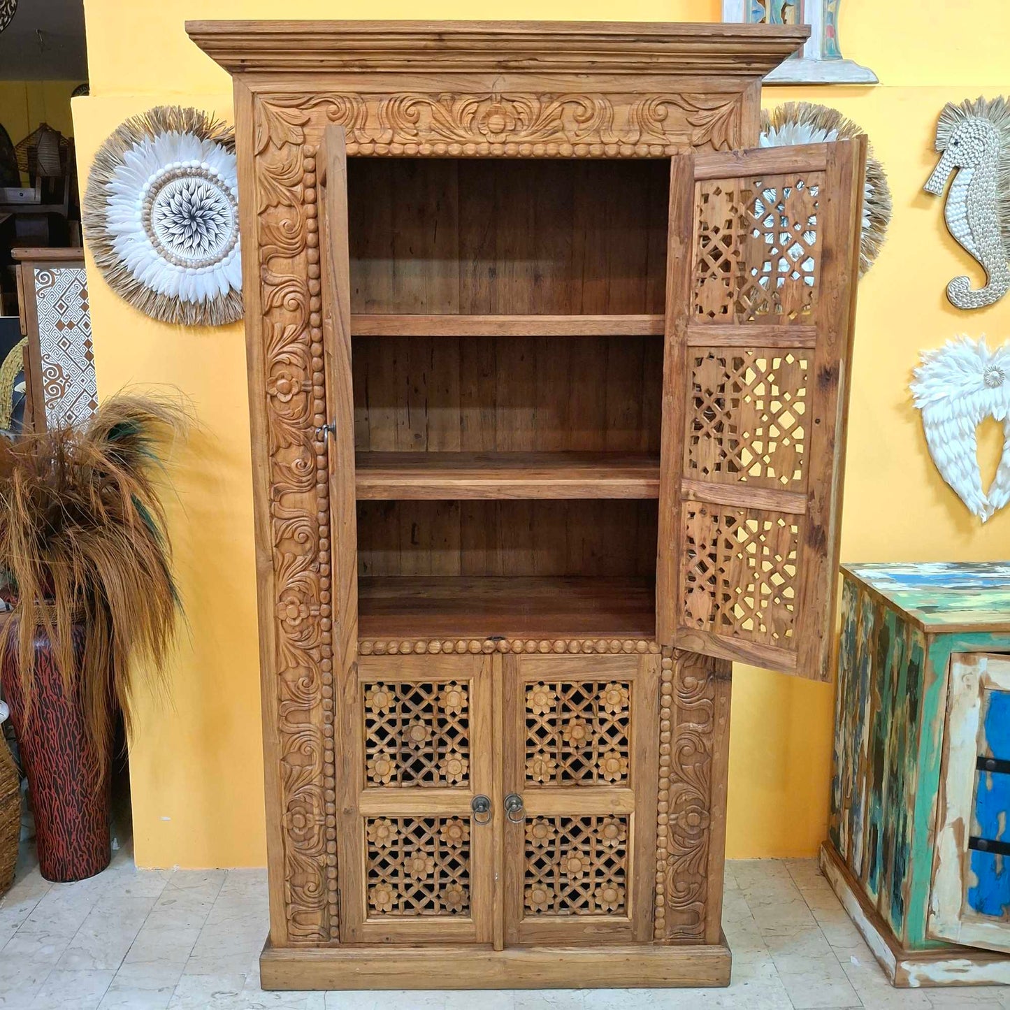 Mobile Credenza etnica in legno teak floreale