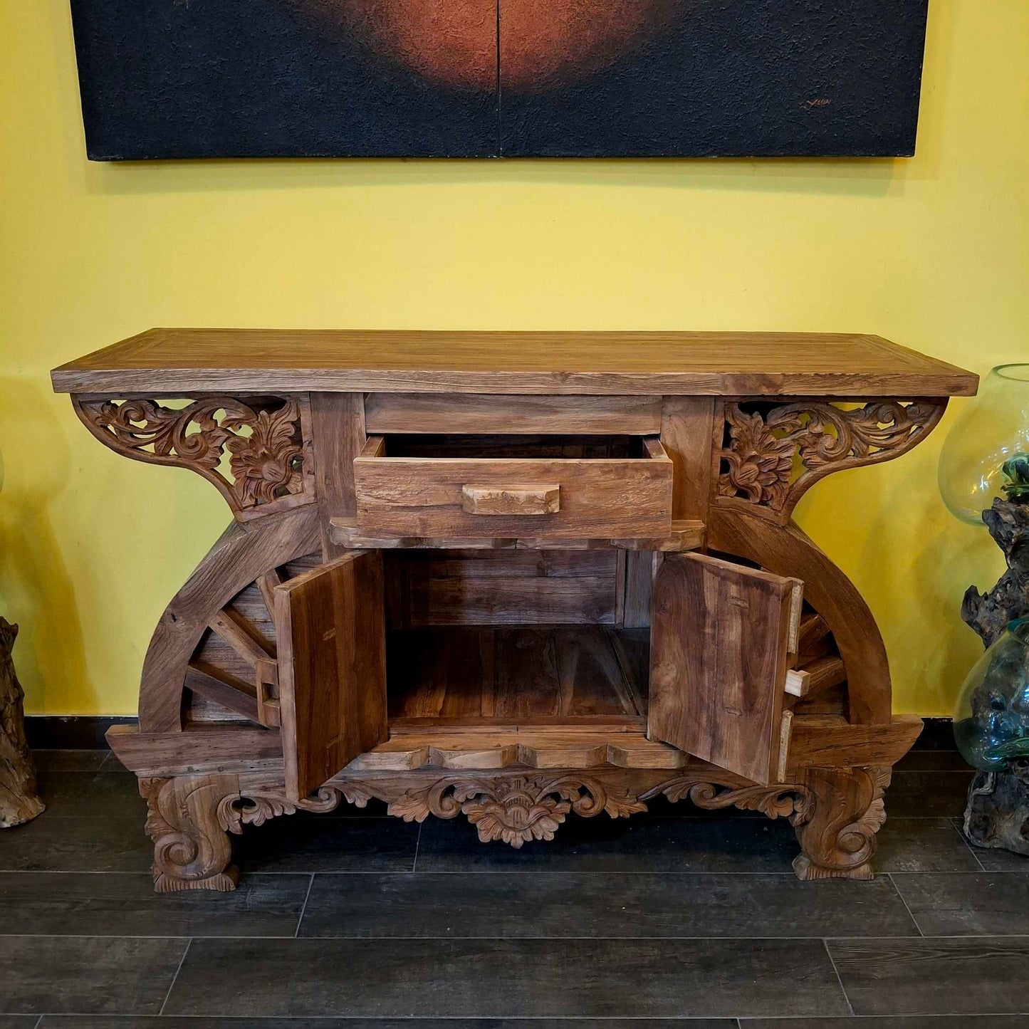 Mobile buffet rustico in legno teak intagliato