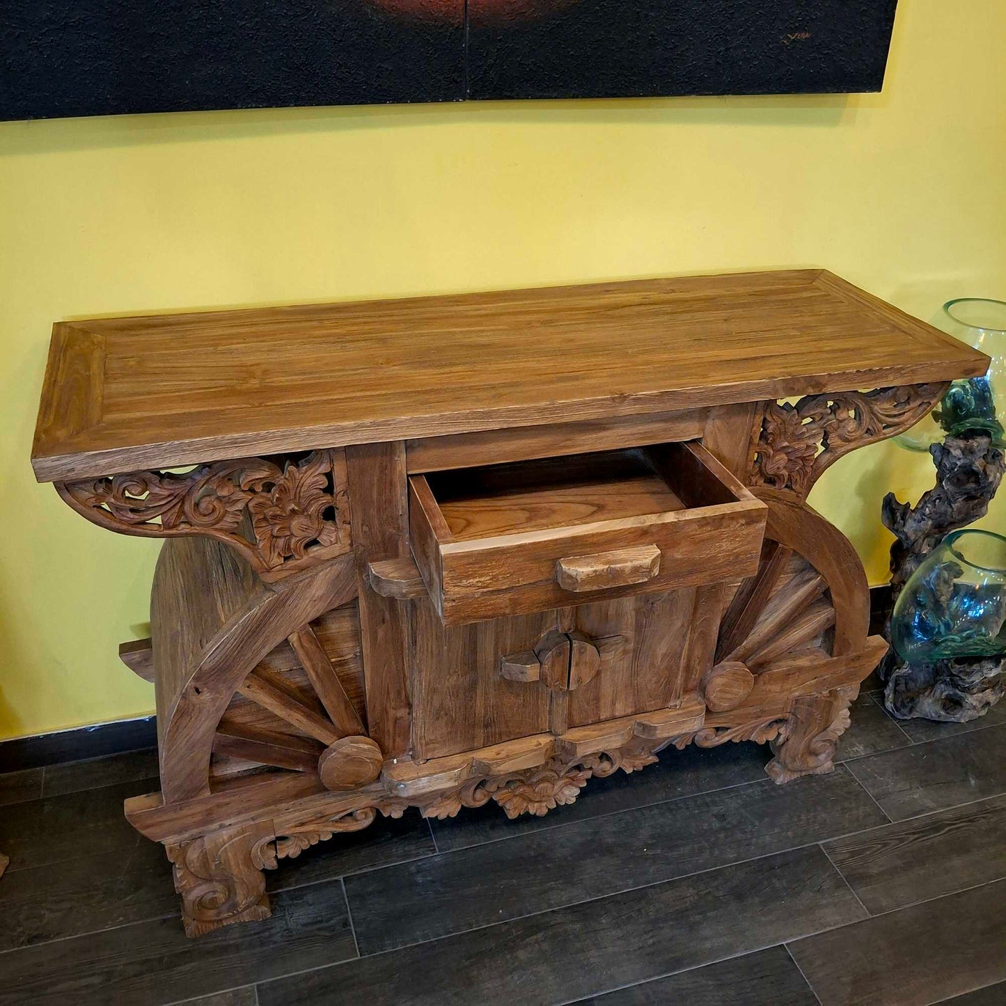Mobile buffet rustico in legno teak intagliato
