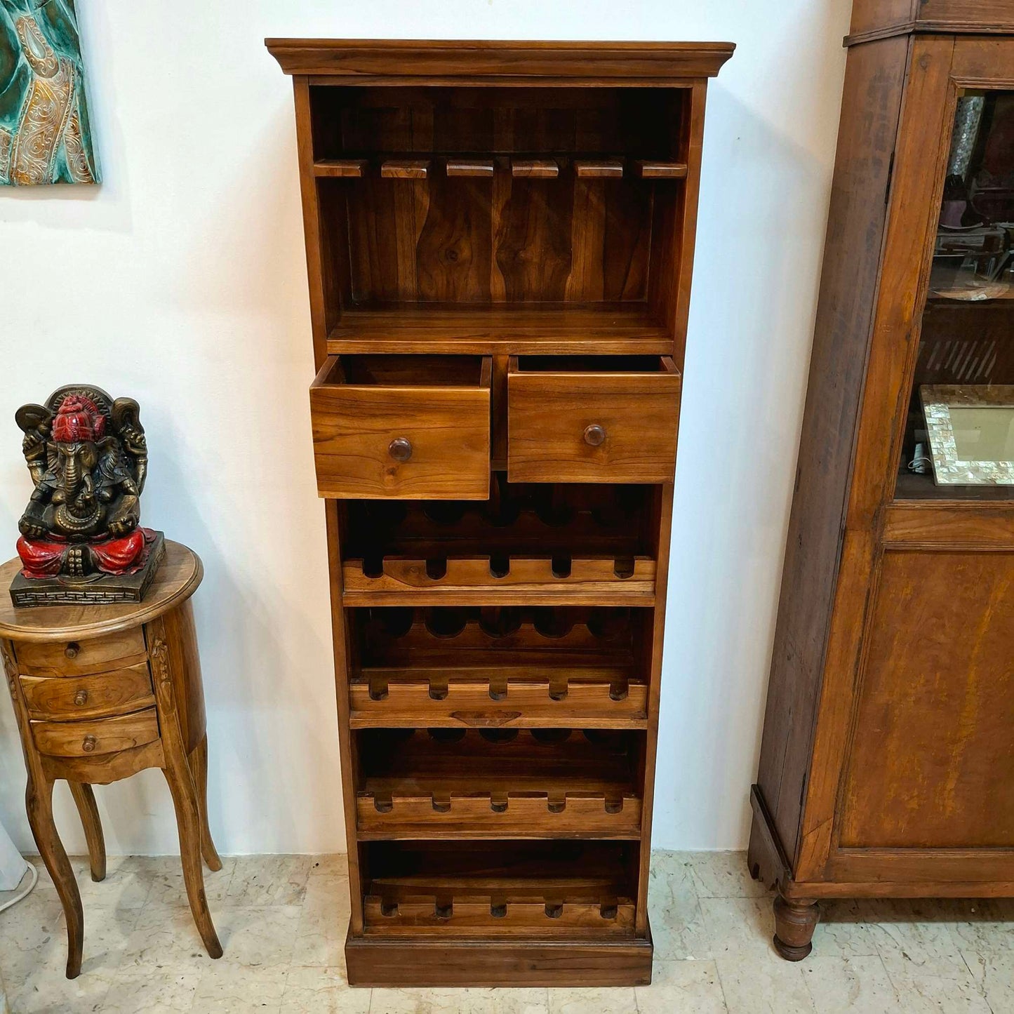 Ethnic mobile wine cellar holder for bottles and glasses