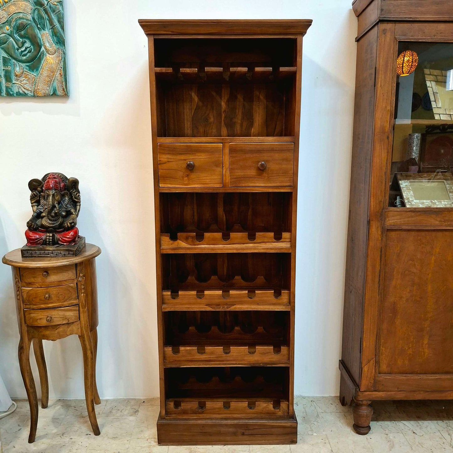 Ethnic mobile wine cellar holder for bottles and glasses