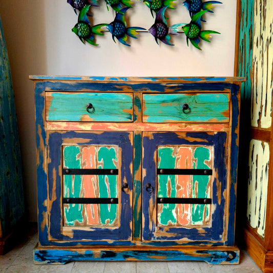 Mobile etnico madia cassettiera con sportelli in teak