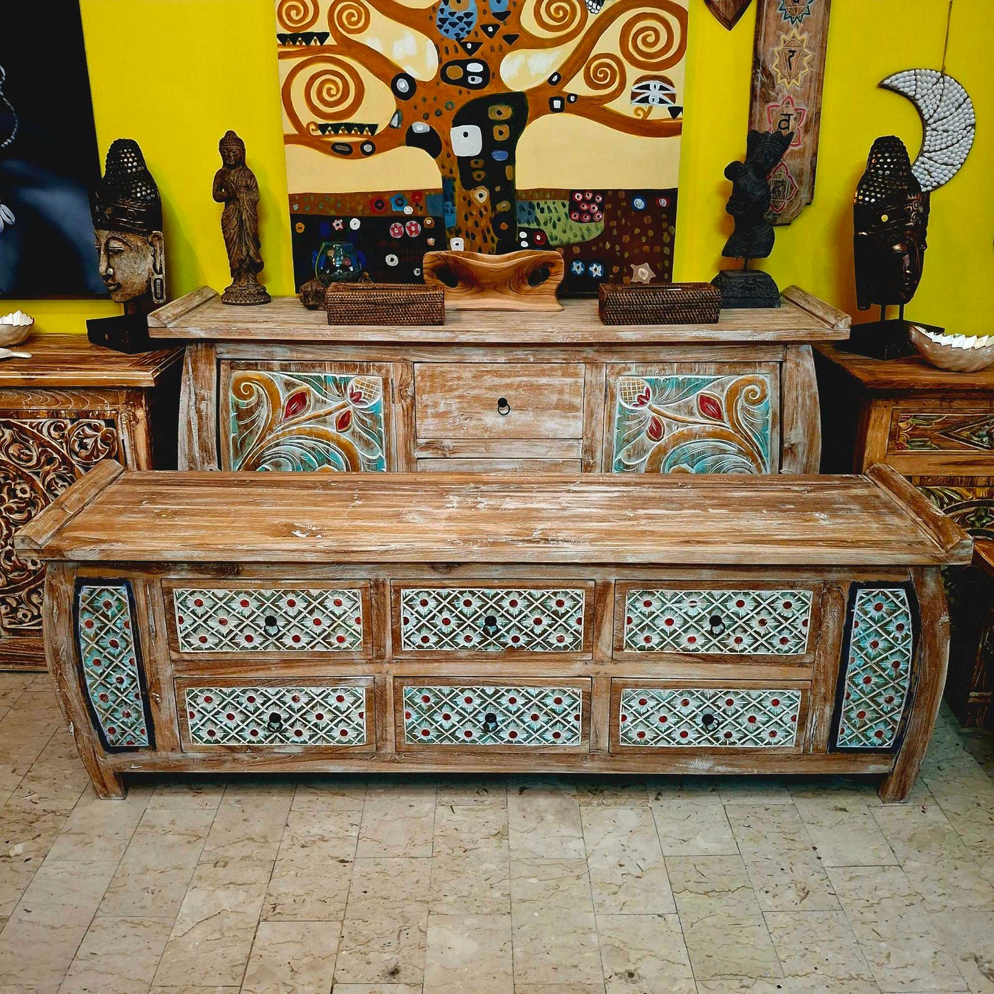Mobile etnico porta tv in legno teak cassettiera shabby chic