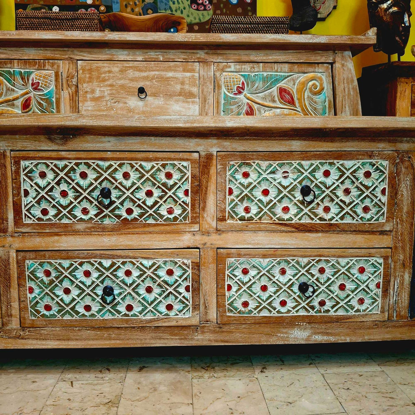 Mobile etnico porta tv in legno teak cassettiera shabby chic