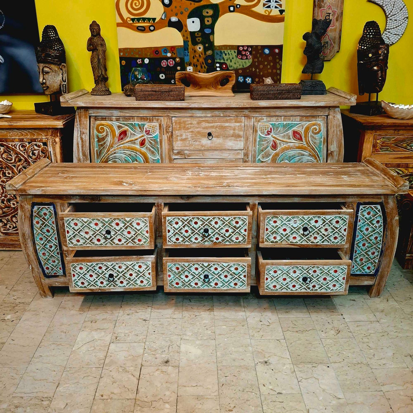 Mobile etnico porta tv in legno teak cassettiera shabby chic