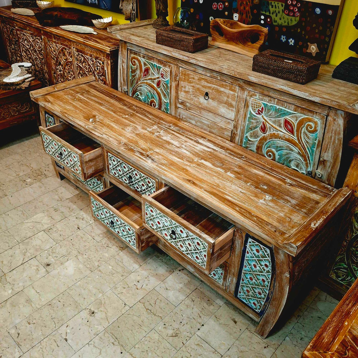 Mobile etnico porta tv in legno teak cassettiera shabby chic