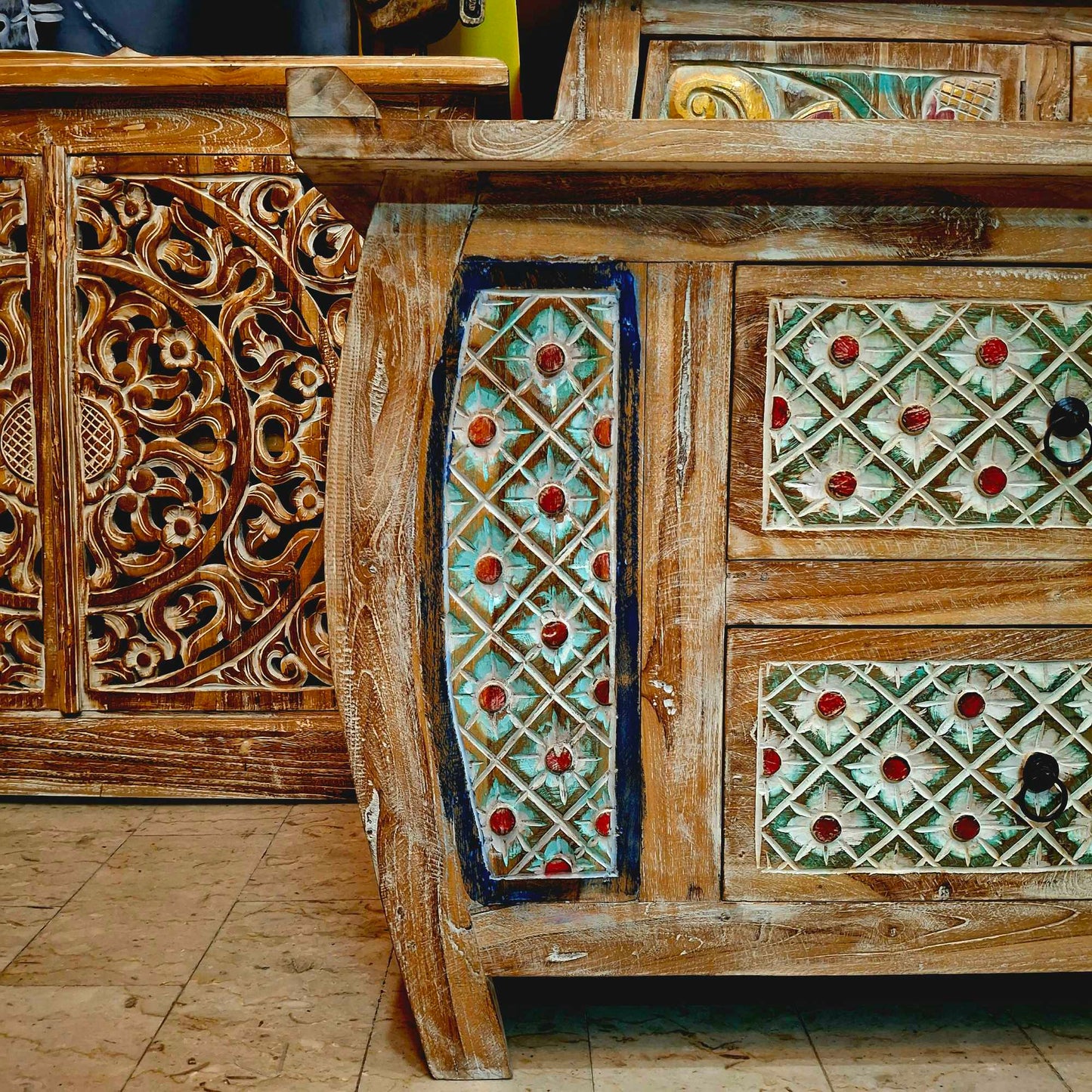 Mobile etnico porta tv in legno teak cassettiera shabby chic