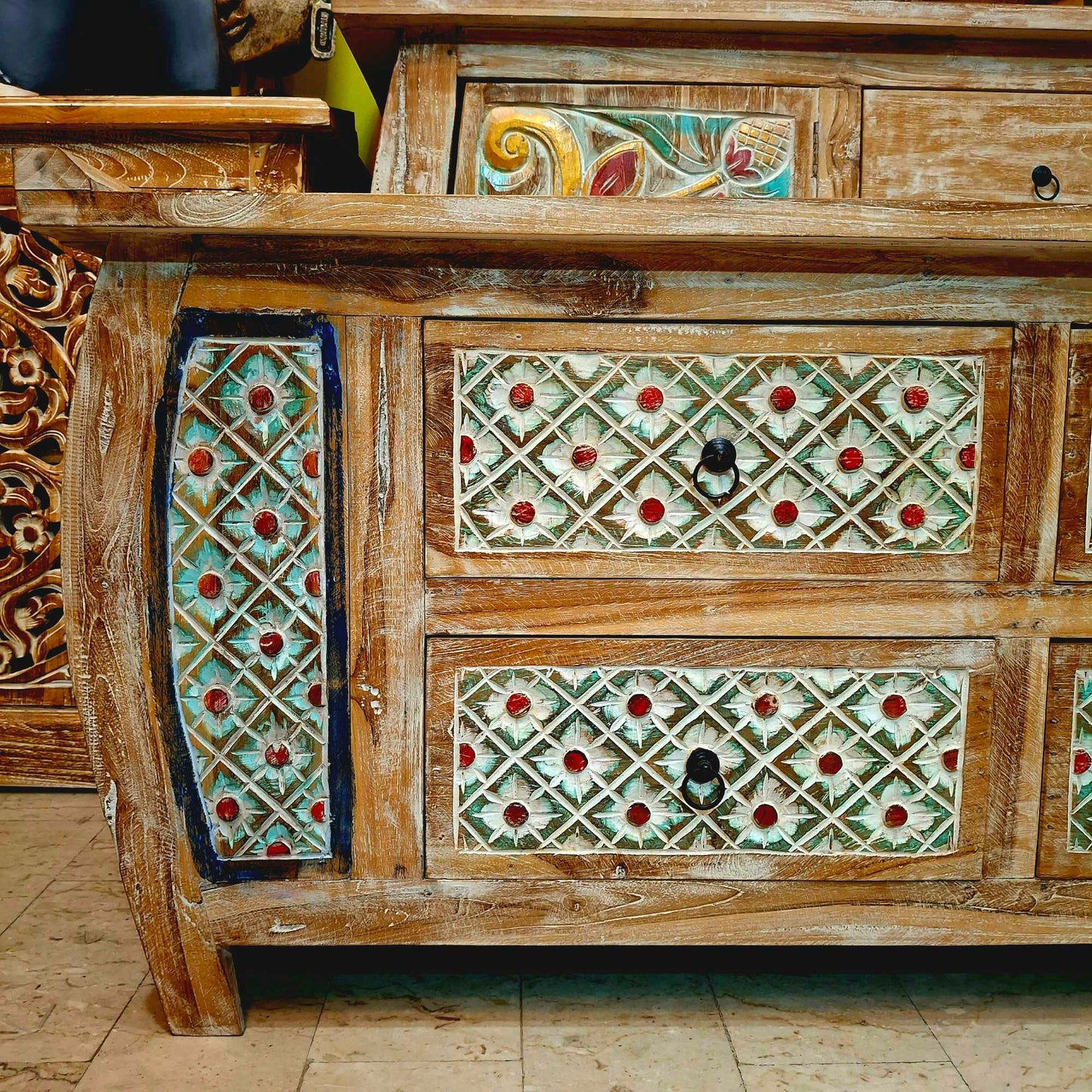 Mobile etnico porta tv in legno teak cassettiera shabby chic