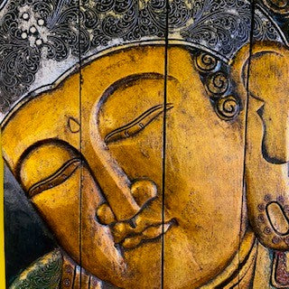 Tableau pliable en bois gaufré représentant un Bouddha ethnique