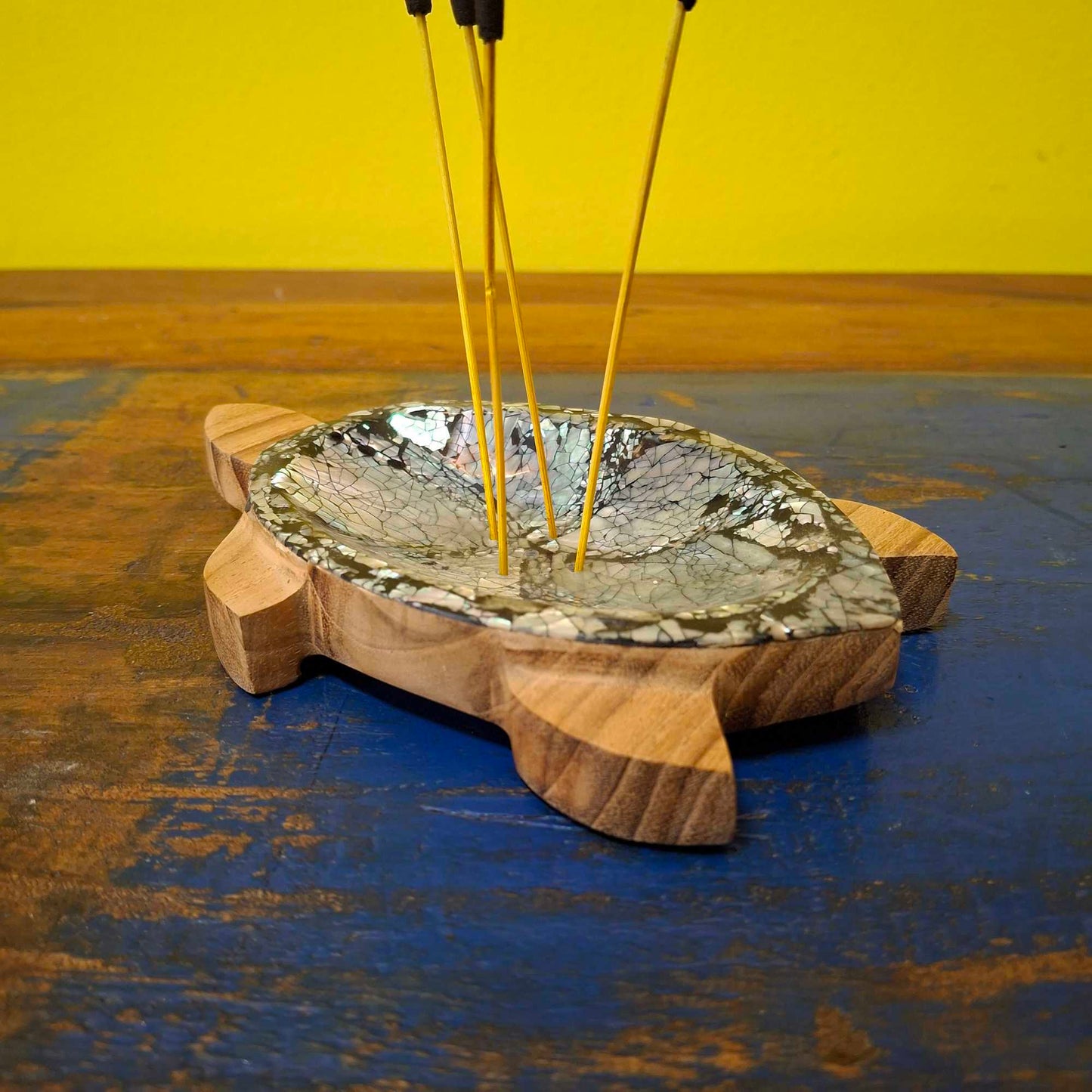 Wooden and mother of pearl turtle incense holder