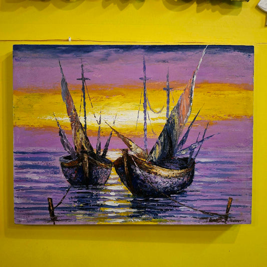 Quadro etnico artigianale barche a vela paesaggio al tramonto