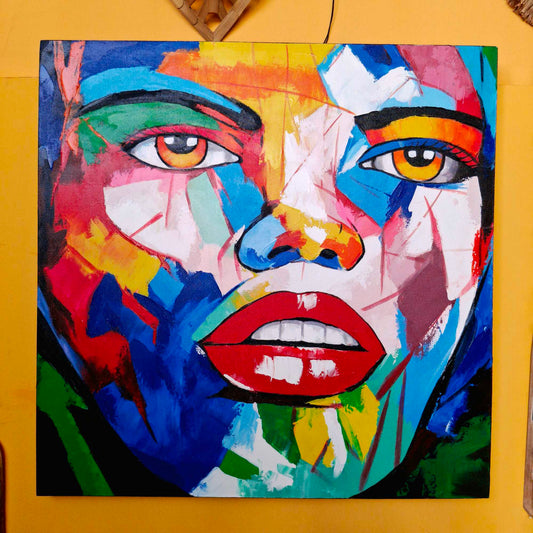 Quadro etnico artigianale volto astratto neo cubismo