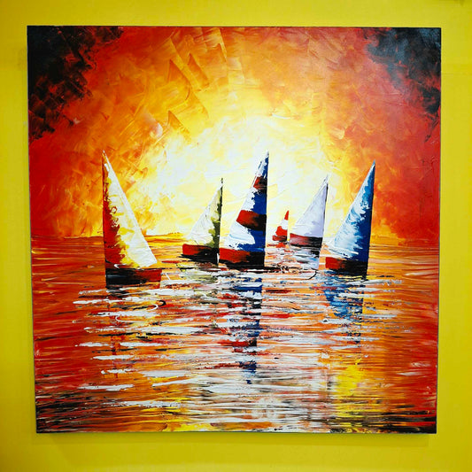 Quadro etnico barche a vela al tramonto acrilico su tela