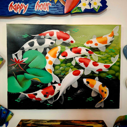 Quadro etnico dipinto carpe Koi olio su tela