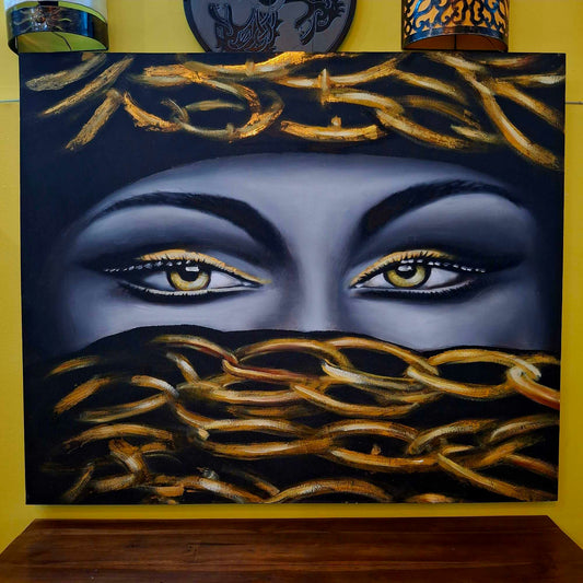 Quadro etnico olio su tela sguardo di donna incatenato