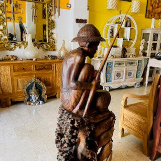 Fisherman statue in solid teak wood ethnic sculpture