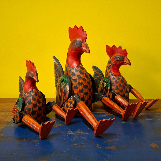 Set statuette burattino gallo in legno