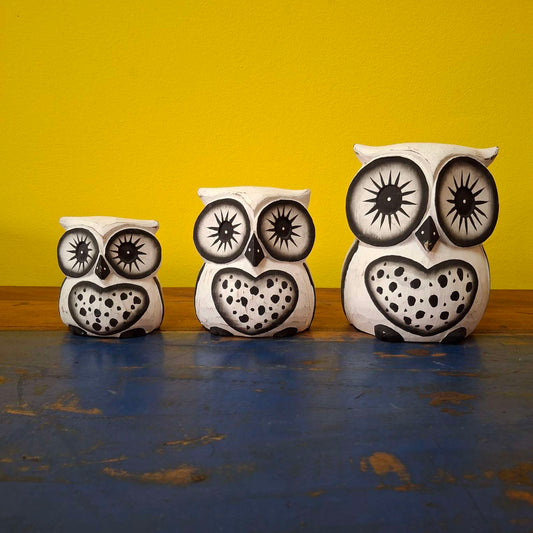 Set di 3 Gufi in Legno Intagliati a mano Decorazione Artigianale Etnica - ETNICBAY